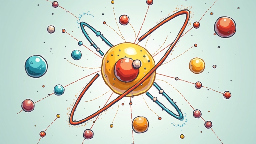A detailed illustration showing an atom's nucleus, with protons and neutrons, and electrons orbiting around it.